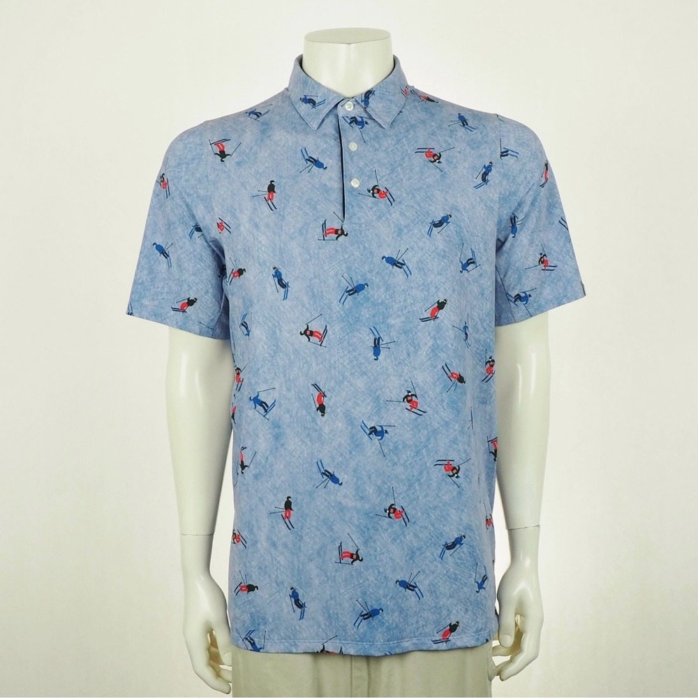KJUS Skier Golf Polo Shirt Mens Medium 50 Blue Ski Skiing AOP Print Performance
